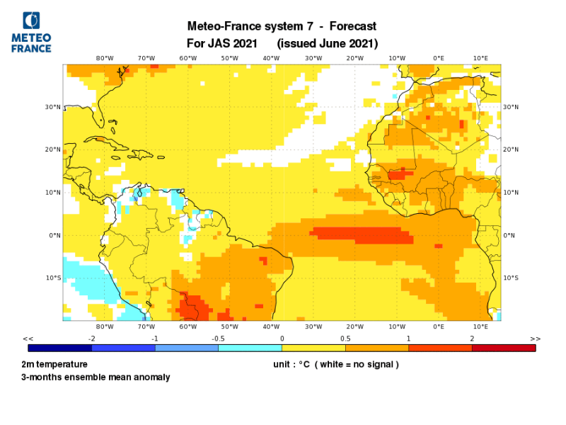 Prévisions des anomalies de températures pour JAS 2021