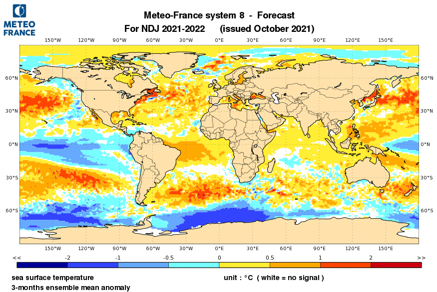 Anomalie de Teméprature de surface de la mer, novembre 2021