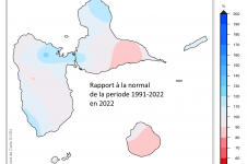 Carte du rapport à la normale 1991-2020 pour 2022 en Guadeloupe