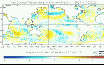 Evolution des anomalies de température de la mer entre octobre et novembre 2021