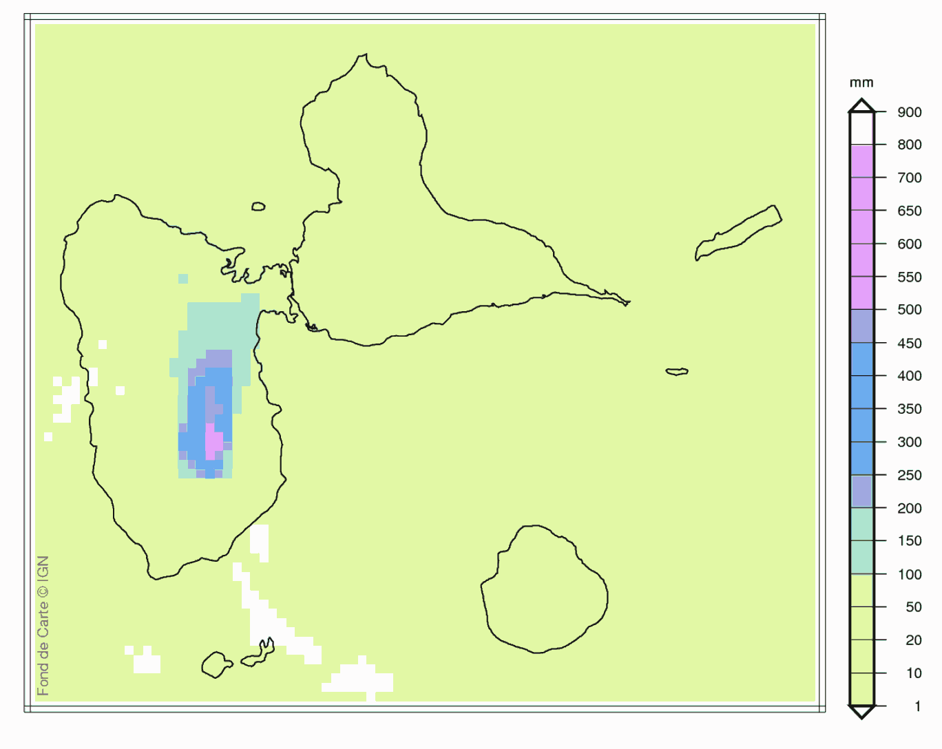 Image de la lame d'eau du radar de Le Moule cumulée sur 66h le 07/11/2022 à 23h