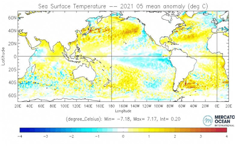 Anomalie moyenne des températures à la surface de la mer (SST) mai 2021