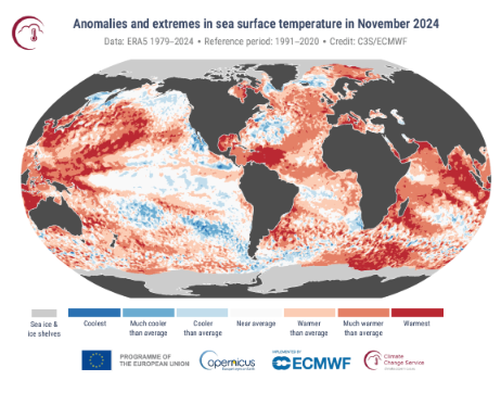 Figure 3 : Anomalies et extrêmes de la température de surface de la mer pour novembre 2024