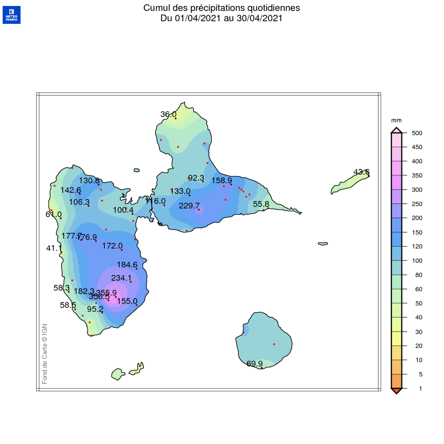 Carte de la pluviométrie et rapport à la normale 1981-2010 sur l'archipel guadeloupéen en avril 2021