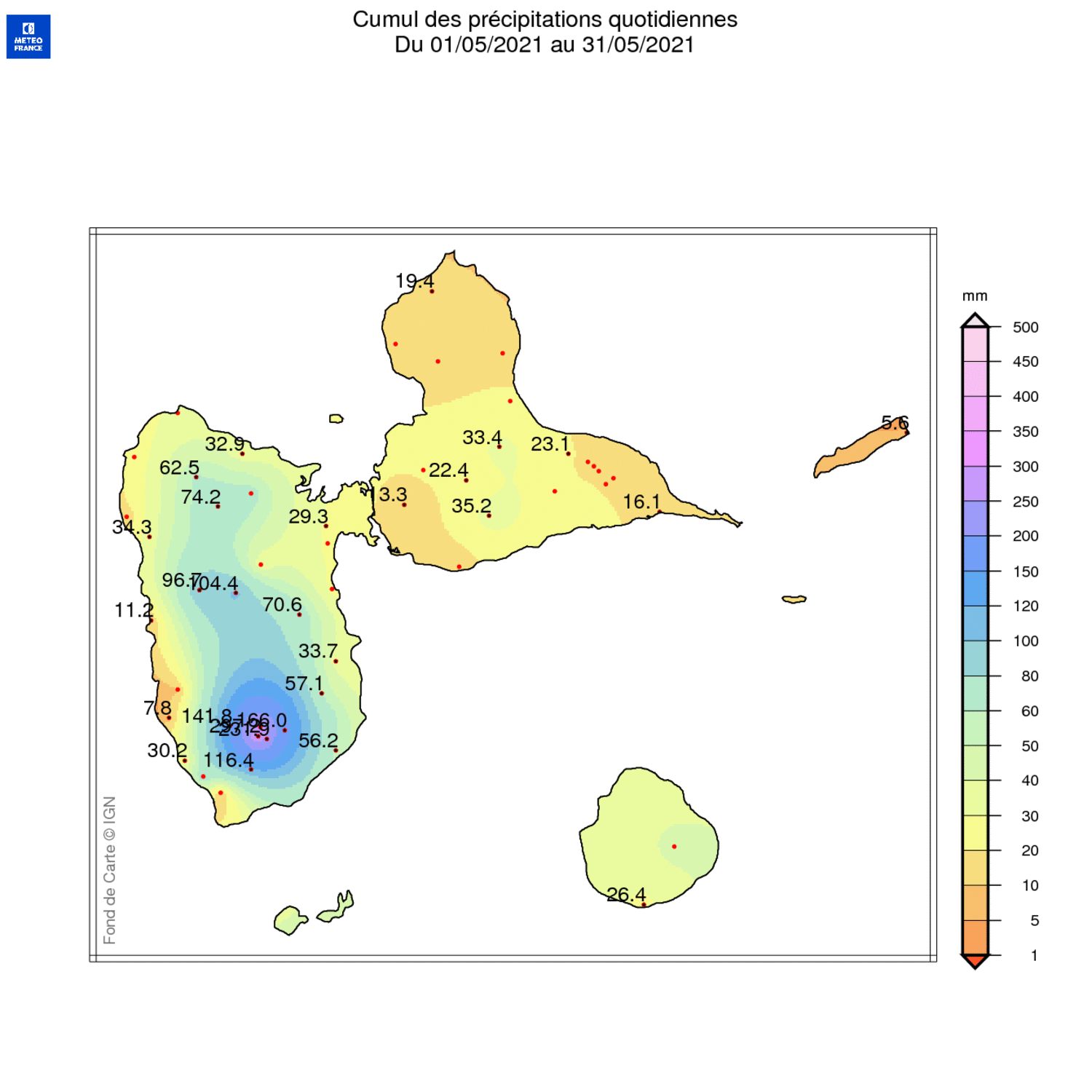 Carte de la pluviométrie et rapport à la normale 1981-2010 sur l'archipel guadeloupéen en mai 2021