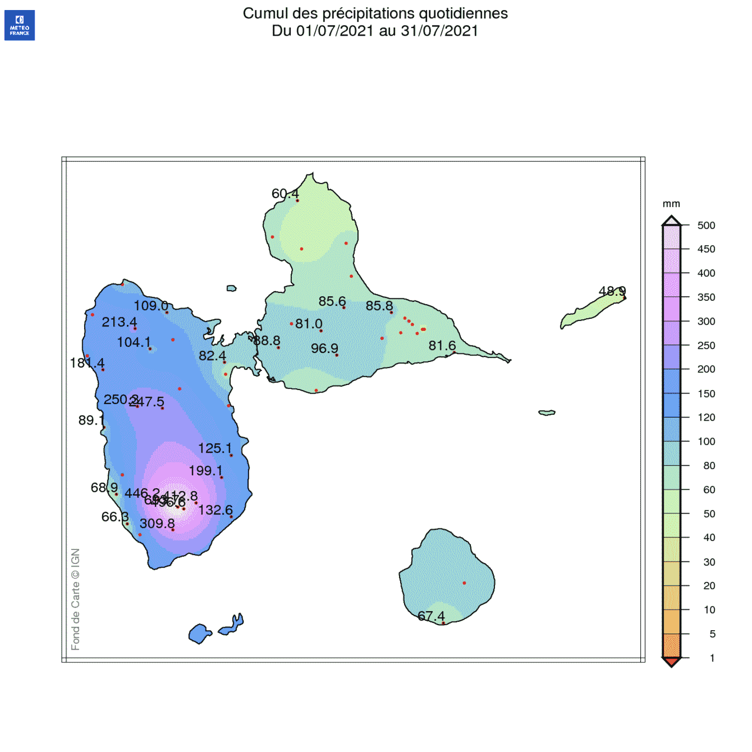 Carte de la pluviométrie sur l'archipel guadeloupéen en juillet 2021