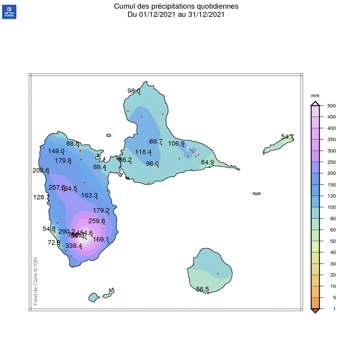 Cumul des pluies en Décembre 2021 pour la Guadeloupe