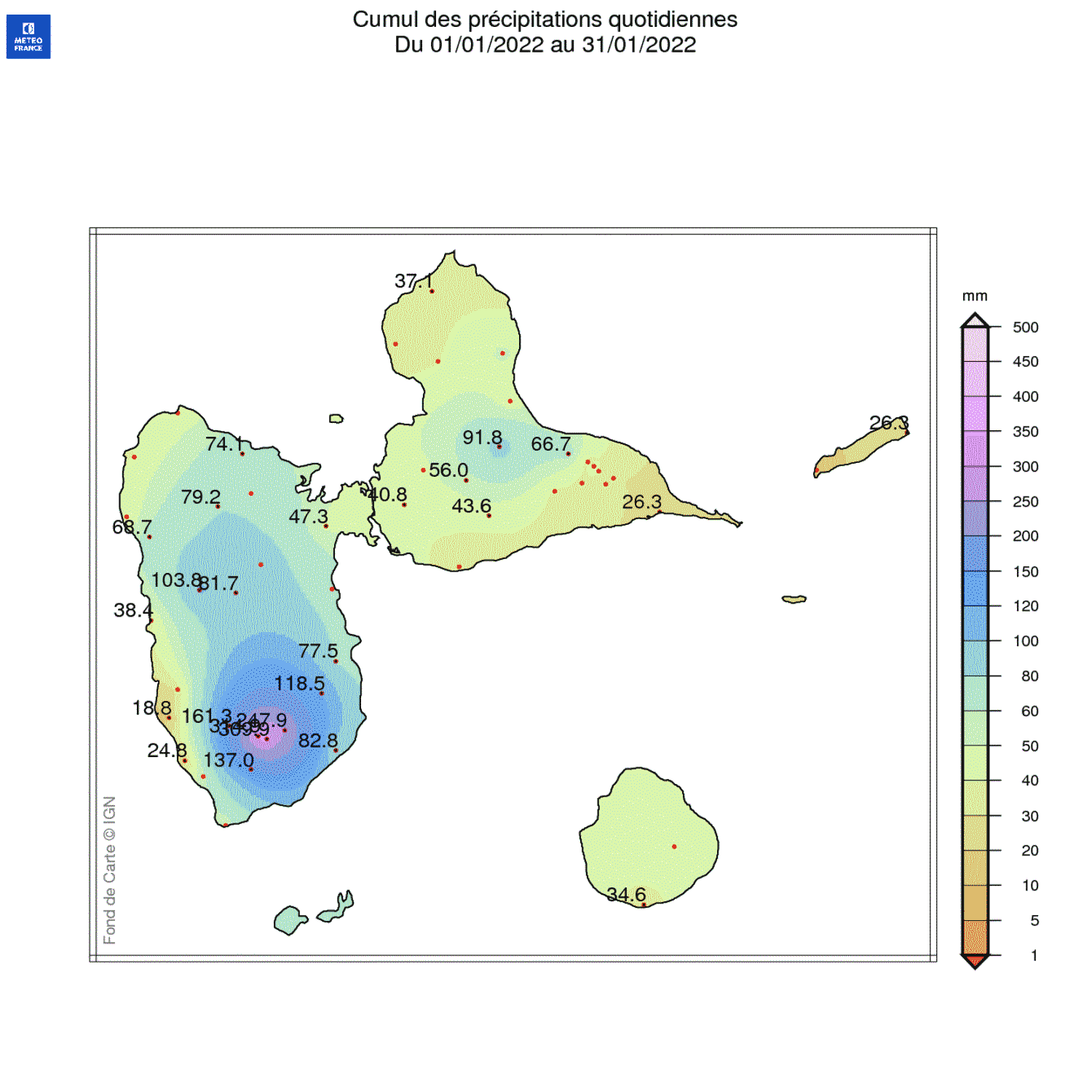 Cumul des pluies en janvier 2022 pour la Guadeloupe