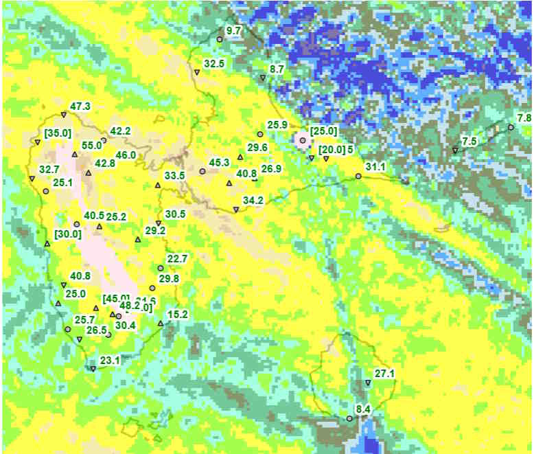 Cumul quotidien du 1er juillet à 8h loc au 2 juillet à 8h loc (1mm=1l/m²)