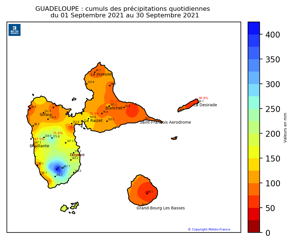 Cartes des précipitations mensuelles en Guadeloupe. 
