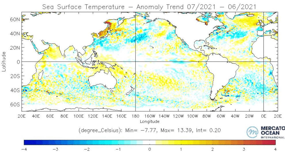 Anomalie moyenne des températures à la surface de la mer (SST) en juillet 2021