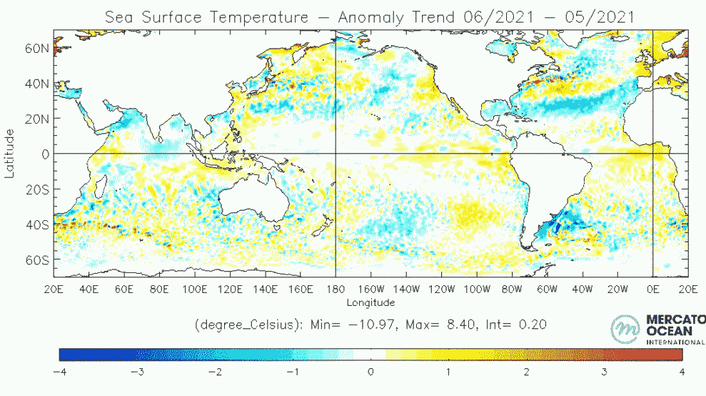 Anomalie moyenne des températures à la surface de la mer (SST) en juin 2021