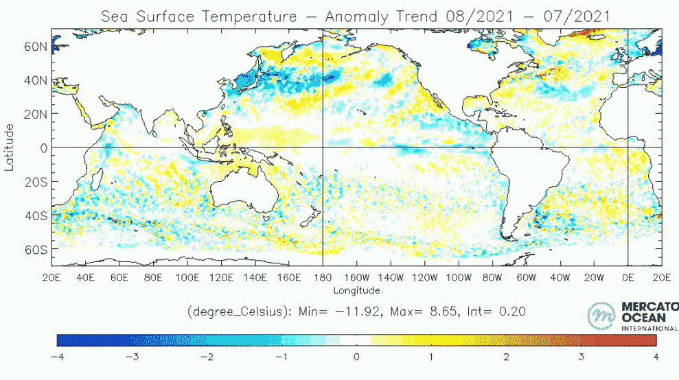 Anomalie moyenne des températures à la surface de la mer (SST) en août 2021