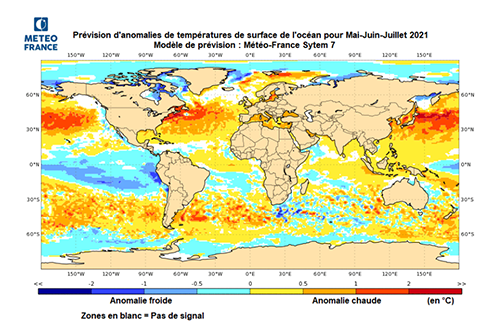 Prévision d'anomalies de températures de surface de l'océan de mai à juillet 2021