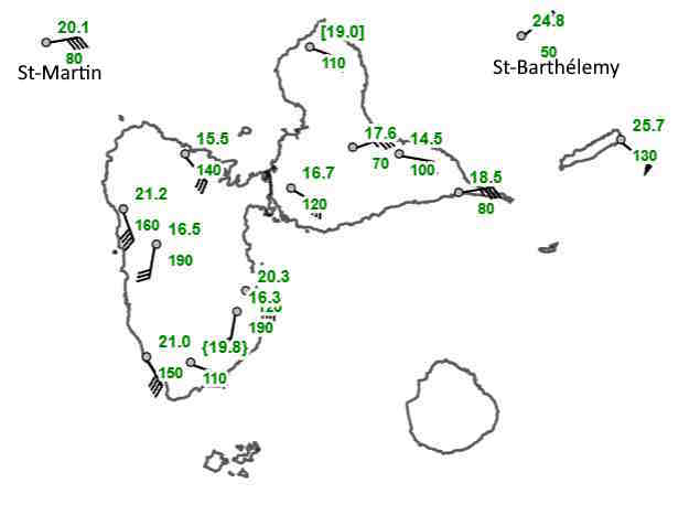 Vent instantané maximal observé au plus près de BERYL sur nos îles (m/s)