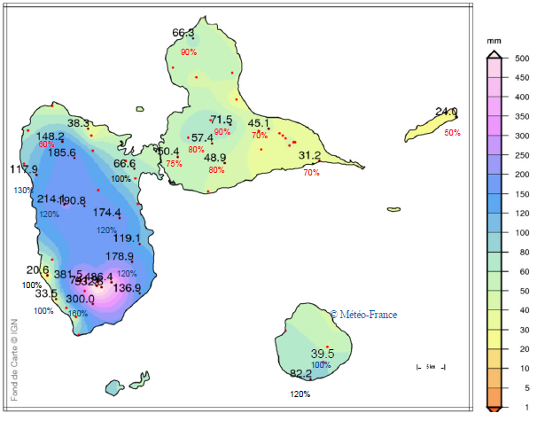 Carte de la pluviométrie et rapport à la normale 1981-2010 sur l'archipel guadeloupéen en mars 2021