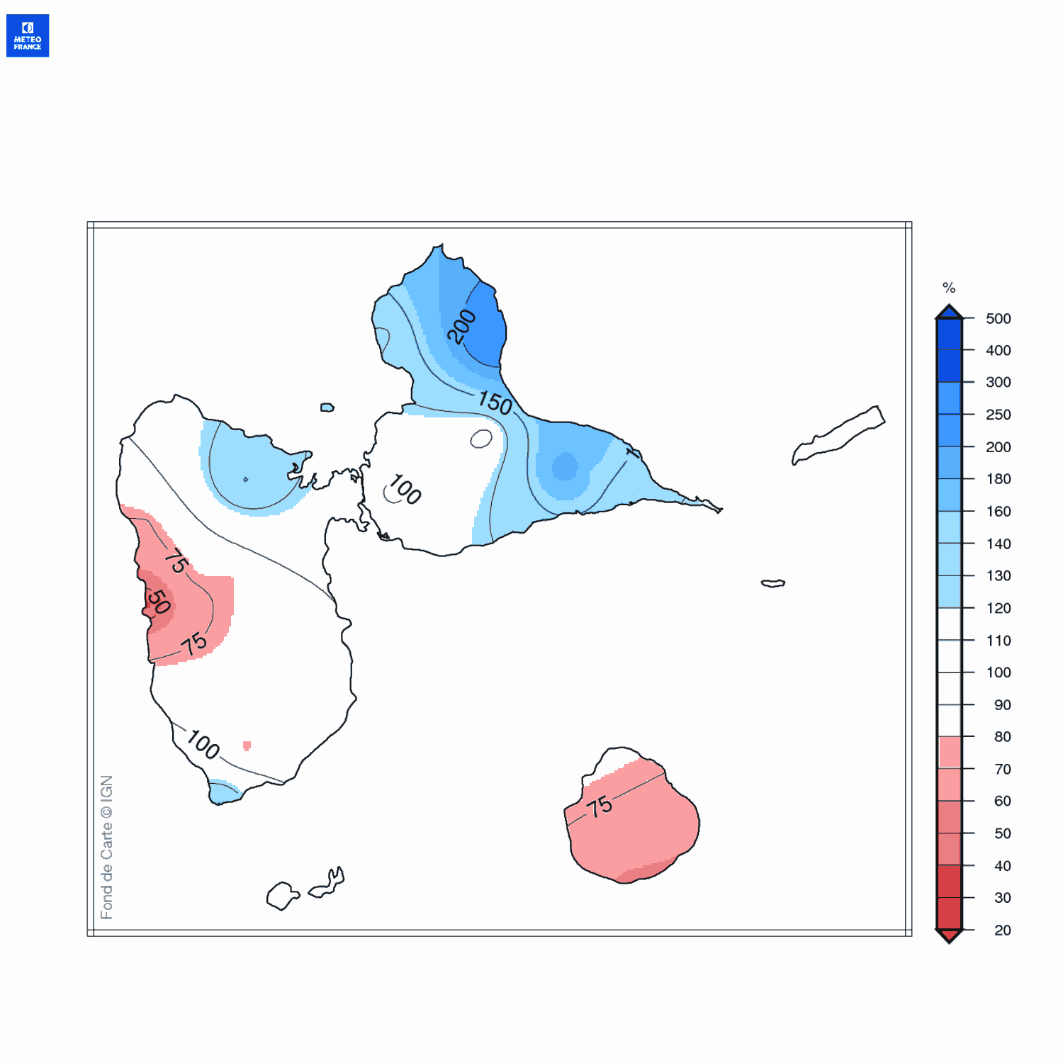 Ecart à la normale 1991-2020 des précipitations mensuelles en Guadeloupe