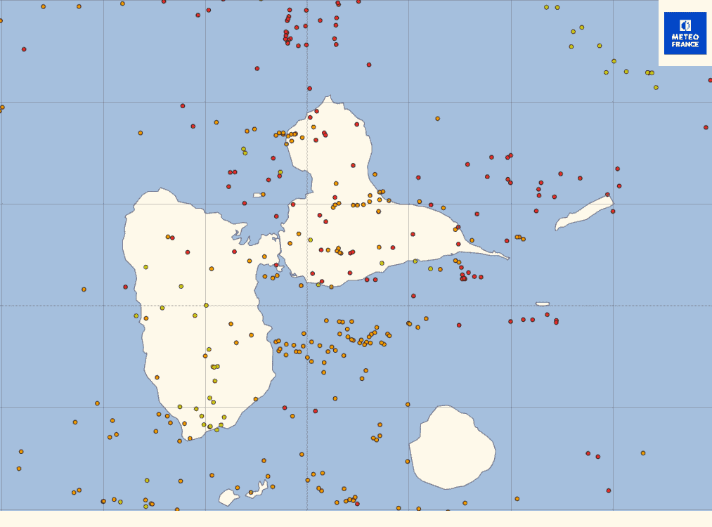 impacts de foudre détectés par les satellite GOES sur l'archipel guadeloupéen le 26 septembre 2024