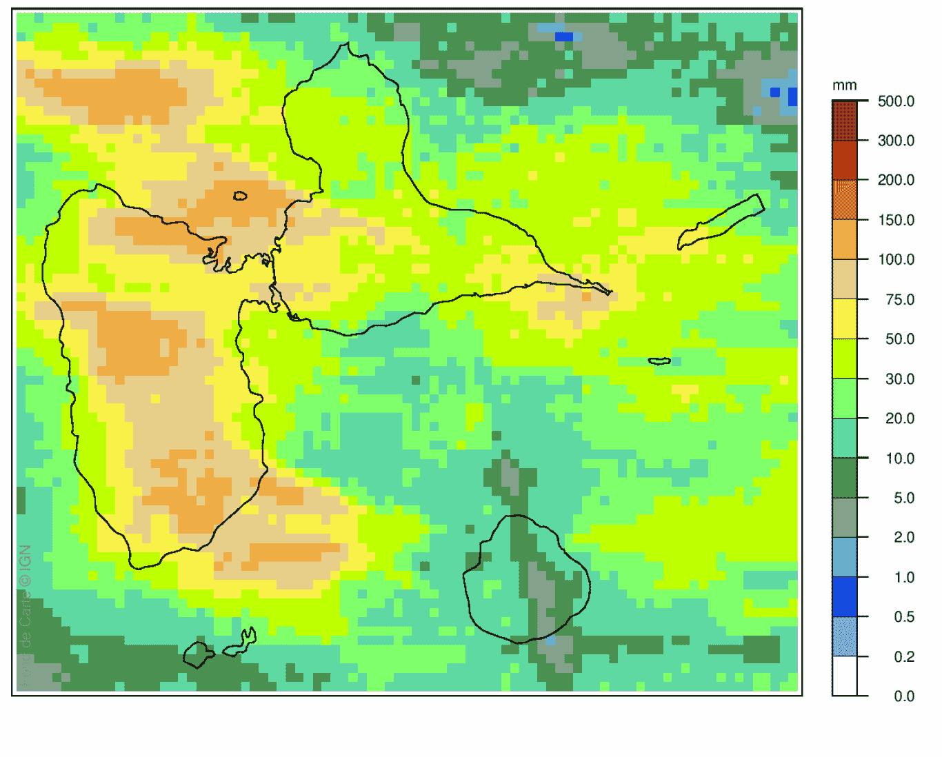 Cumuls de précipitations du 28 août 2024 de 11h à 22h loc (1mm=1l/m²)