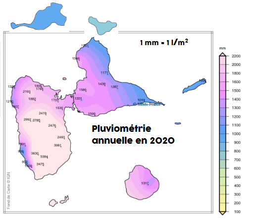 Carte de la pluviométrie en 2020 sur les îles