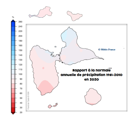 Rapport à la normale annuelle de précipitation 1981-2010 en 2020