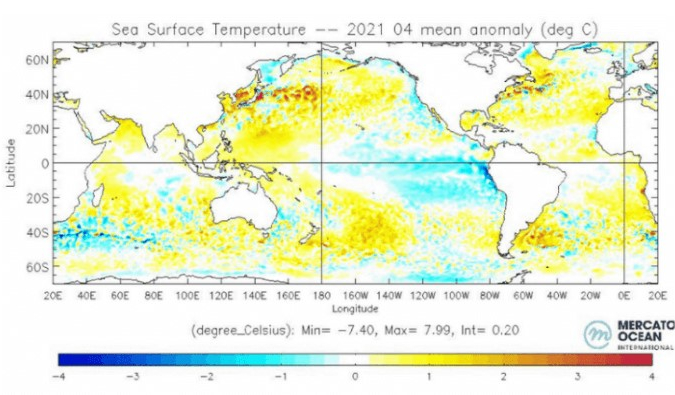 Anomalie moyenne des températures à la surface de la mer (SST) avril 2021 